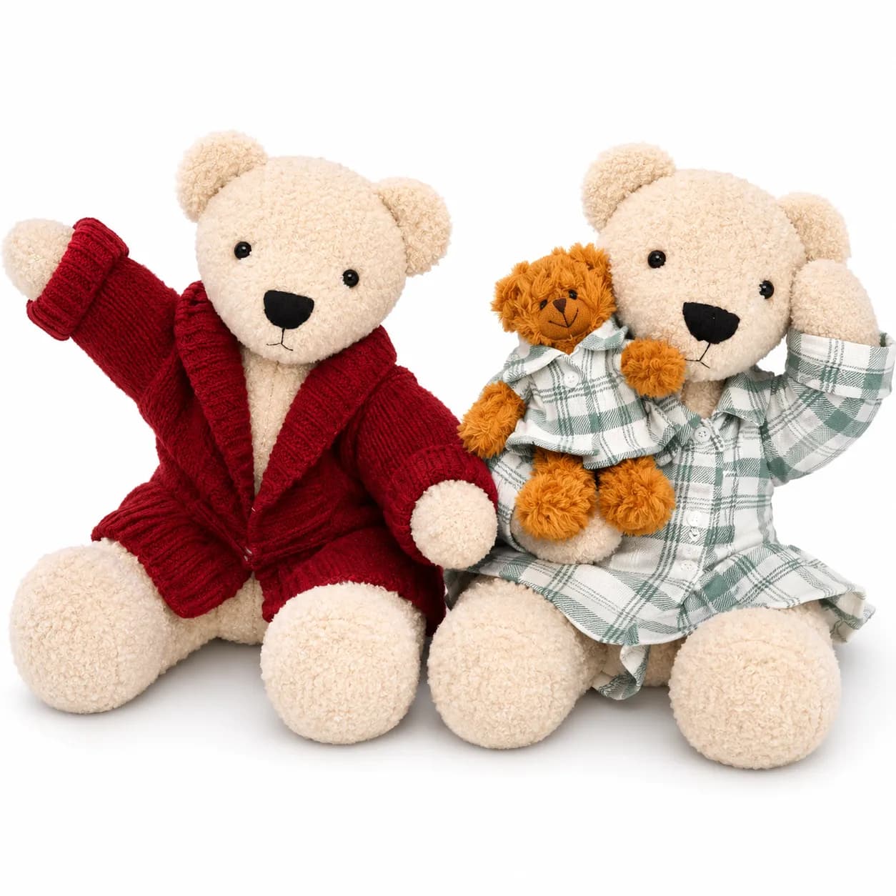 Two cream memory bears, one in a red knitted cardigan and one in green plaid, holding a matching small bear