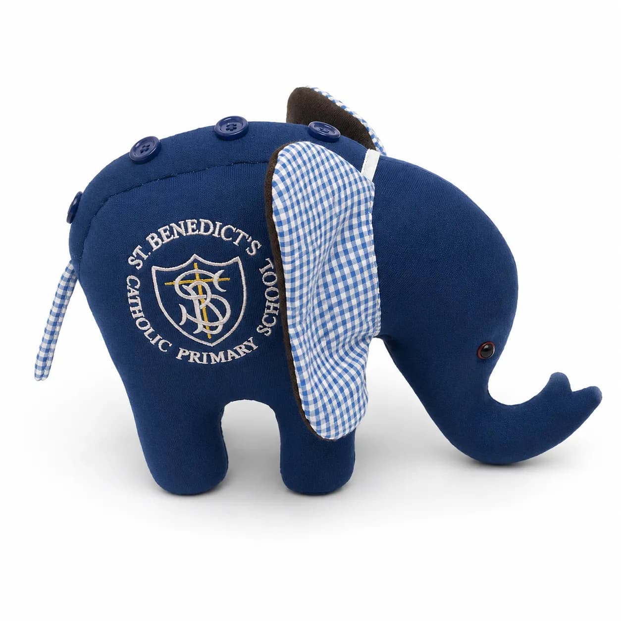 Navy memory elephant made from a school jumper with the school crest still embroidered on its side