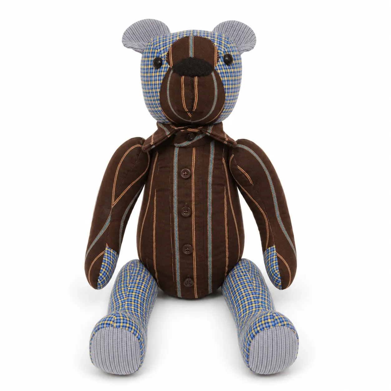 Memory bear made from a striped shirt and plaid, with the shirt collar and buttons kept